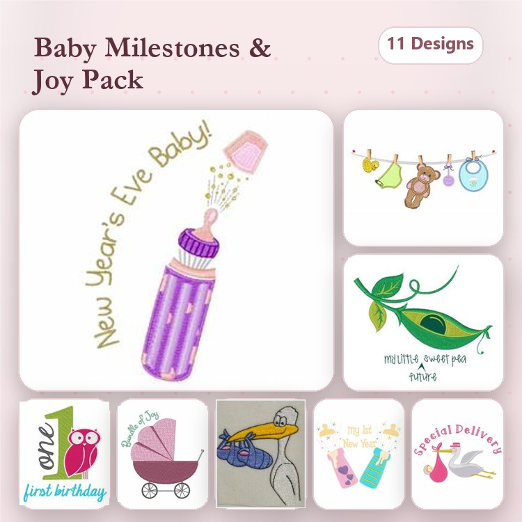 Baby Milestones & Celebrations Embroidery Bundle – New Year's Eve Baby, Baby Carriage, Teddy Bear & More (11 Designs)