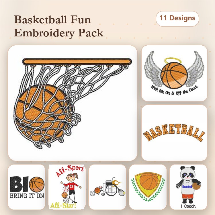 Basketball Embroidery Designs Bundle – Basketball in Hoop, Panda with Basketball, Bring It On Text & More (11 Designs)