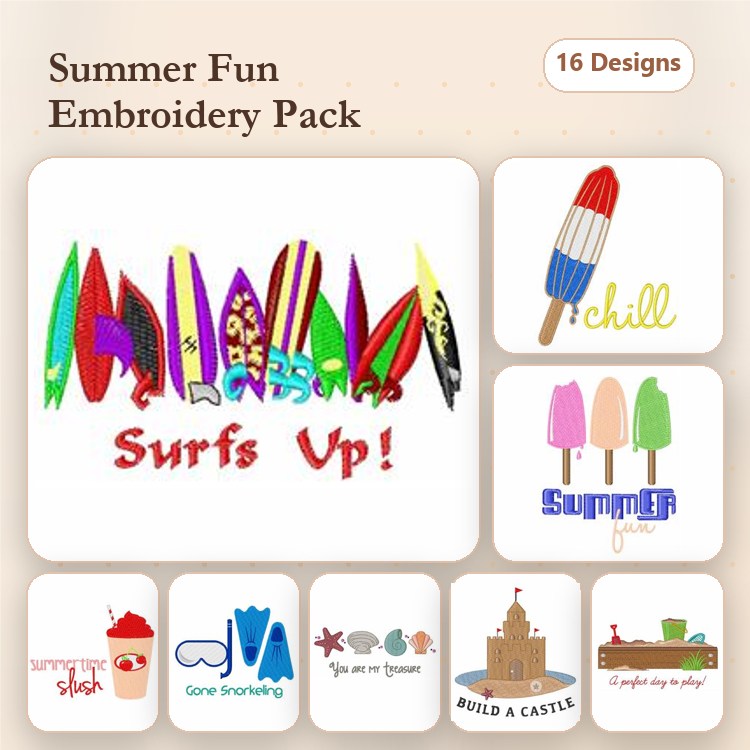 Summer Themed Embroidery Designs Bundle – Surfboards, Popsicle, Ice Cream Cone & More (16 Designs)