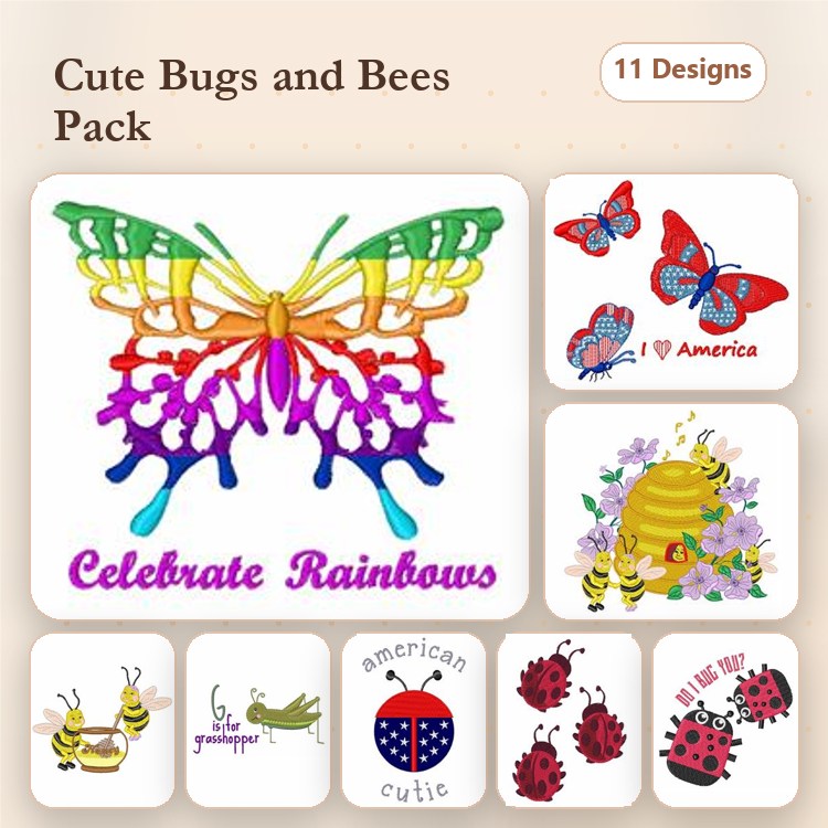 Cute Bugs & Bees Embroidery Designs Bundle – Butterfly with Rainbow Colors, Ladybug with Spots, Bee with Honeycomb & More (11 Designs)