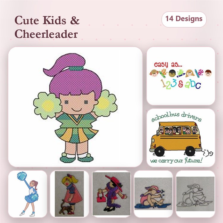 Cute Kids & Cheerleader Embroidery Designs Bundle – Cheerleader Girl, School Bus, Kids Alphabet & More (14 Designs)