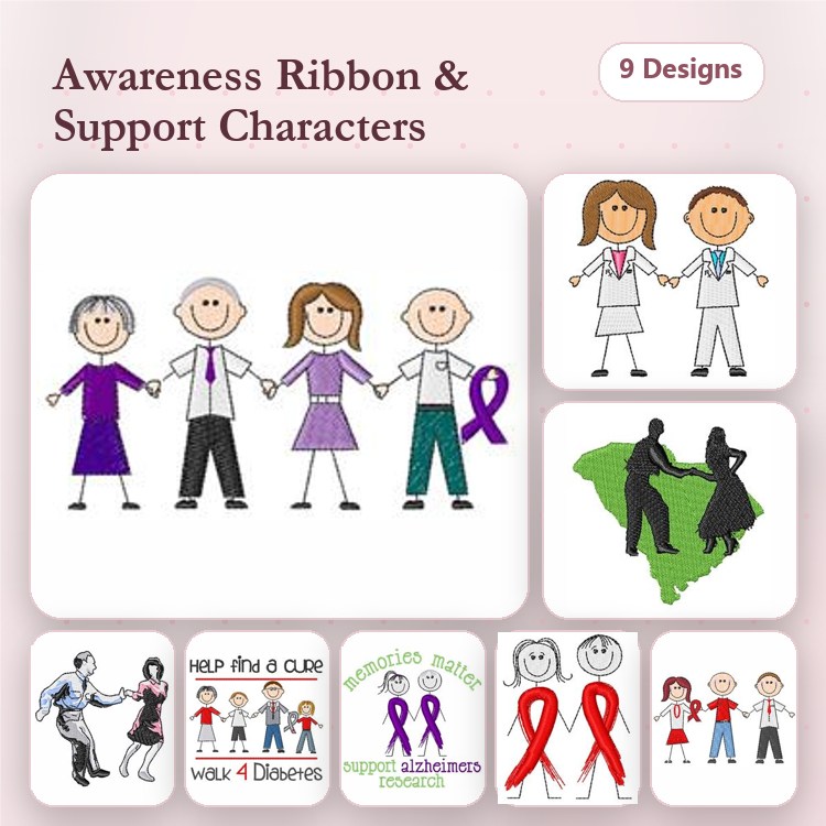Support Characters & Awareness Ribbons Embroidery Bundle – Doctor, Nurse, Family Support & More (9 Designs)
