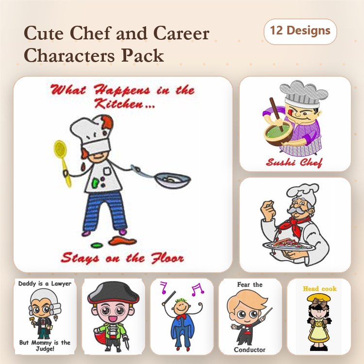 Chef & Career Characters Embroidery Designs Bundle – Sushi Chef, Teacher, Firefighter & More (12 Designs)