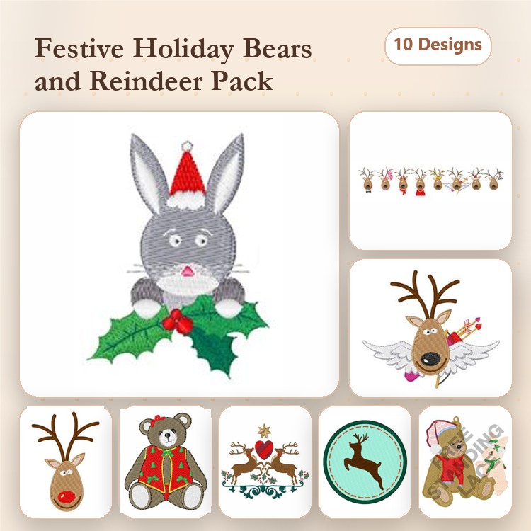 Festive Holiday Animals Embroidery Designs Bundle – Holiday Bunny, Reindeer with Santa Hat, Bear with Gift & More (10 Designs)