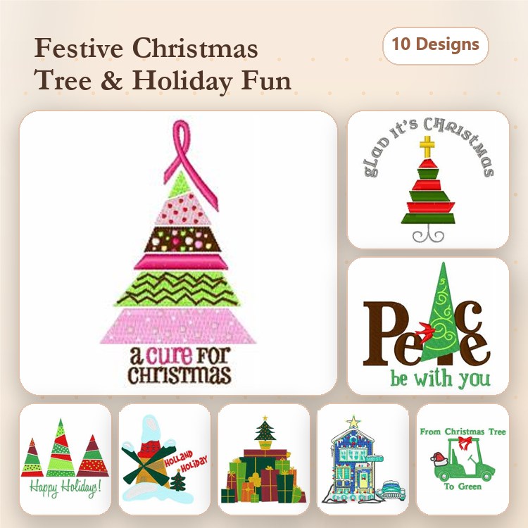 Christmas Tree & Holiday Embroidery Designs Bundle – Christmas Tree with Pink Ribbon, Glad it's Christmas, & More (10 Designs)