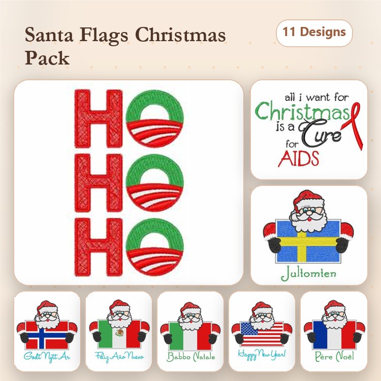 Santa-themed Christmas Embroidery Designs Bundle – HO HO HO Sign, Santa with Flag, Santa with Gift & More (11 Designs)
