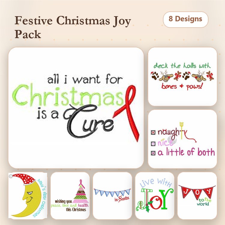 Christmas Quotes & Santa Embroidery Designs Bundle – All I Want for Christmas Is a Cure, Naughty or Nice, & More (8 Designs)