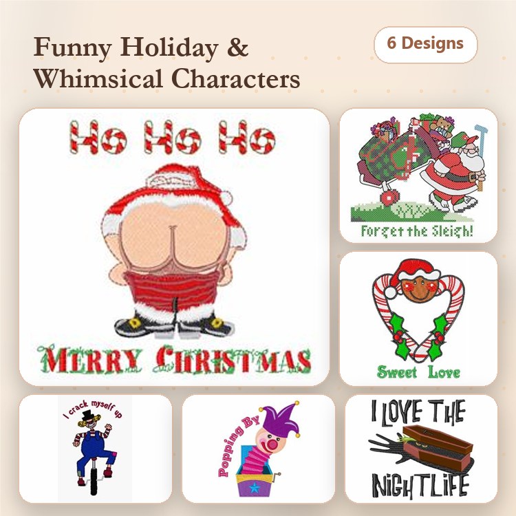 Funny Holiday Characters Embroidery Designs Bundle – Santa with Rear View, Christmas Basket, Forget the Sleigh & More (6 Designs)