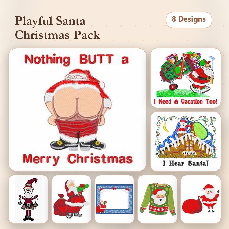 Santa Christmas Humor Embroidery Designs Bundle – Playful Santa with Dog, Nothing BUTT a Merry Christmas, & More (8 Designs)