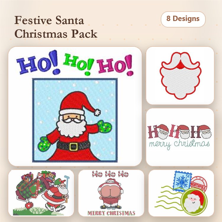 Santa Claus Embroidery Designs Bundle – Santa with Gifts, Ho Ho Ho Text, Merry Christmas Text & More (8 Designs)