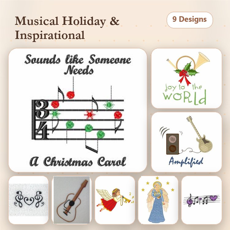 Musical Holiday Themes Embroidery Designs Bundle – Joy to the World, A Christmas Carol, Guitar & More (9 Designs)