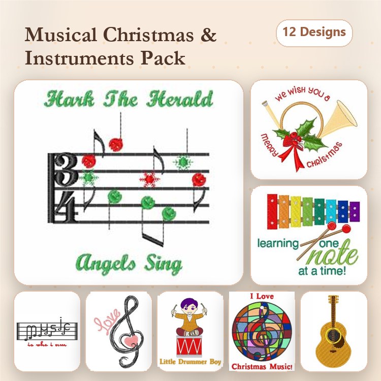 Musical Christmas Embroidery Designs Bundle – Hark The Herald Angels Sing, Little Drummer Boy, Guitar & More (12 Designs)