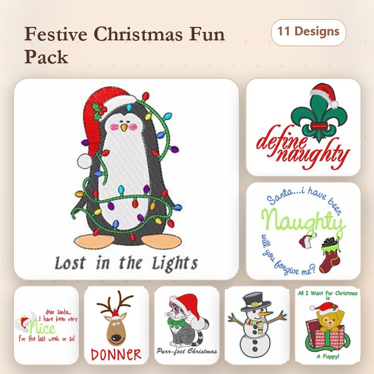 Christmas Characters Embroidery Bundle – Penguin with Christmas Lights, Snowman with Hat, Merry Christmas Text & More (11 Designs)