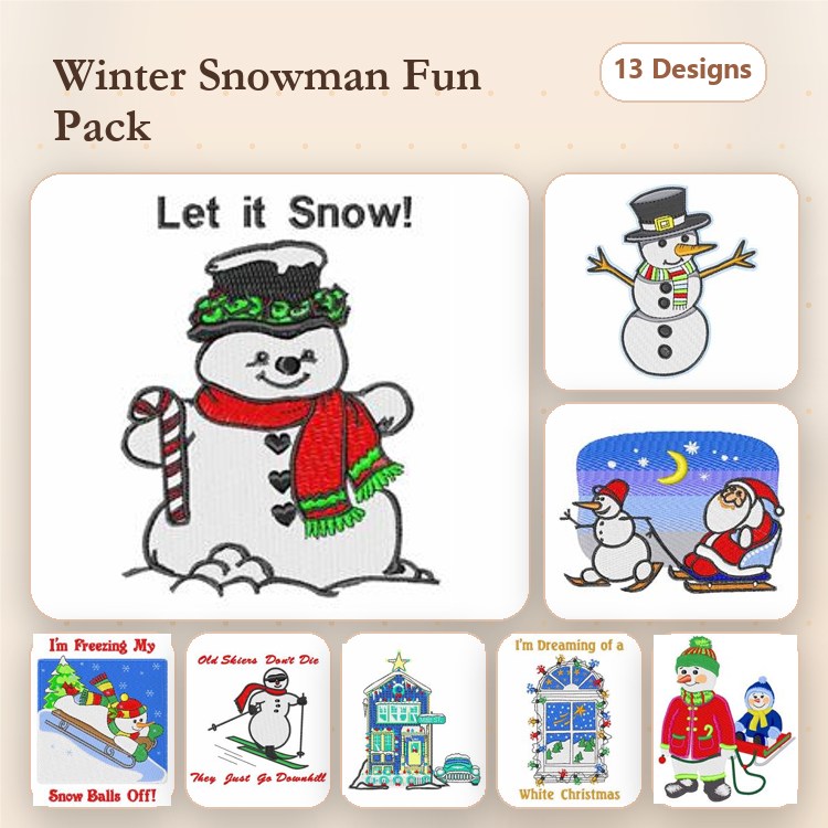 Winter Snowman & Christmas Characters Embroidery Designs Bundle – Snowman with Candy Cane, Santa Claus with Gifts & More (13 Designs)