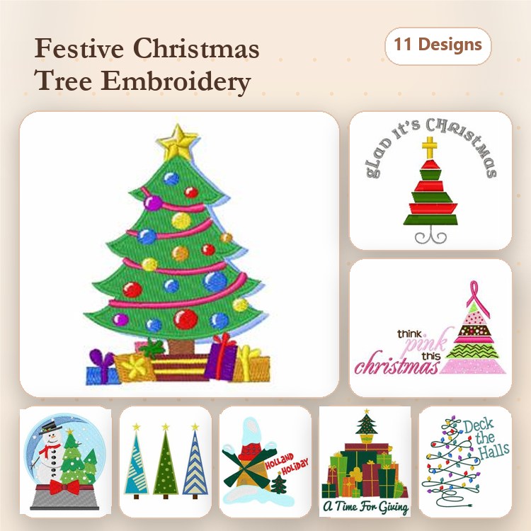 Christmas Tree Embroidery Designs Bundle – Christmas Tree with Ornaments, Snowman with Hat, Merry Christmas Text & More (11 Designs)