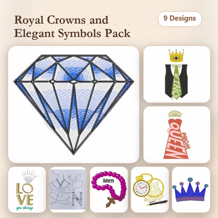 Crown & Elegant Symbols Embroidery Designs Bundle – Royal Crown, Diamond, Necktie, Queen & More (9 Designs)