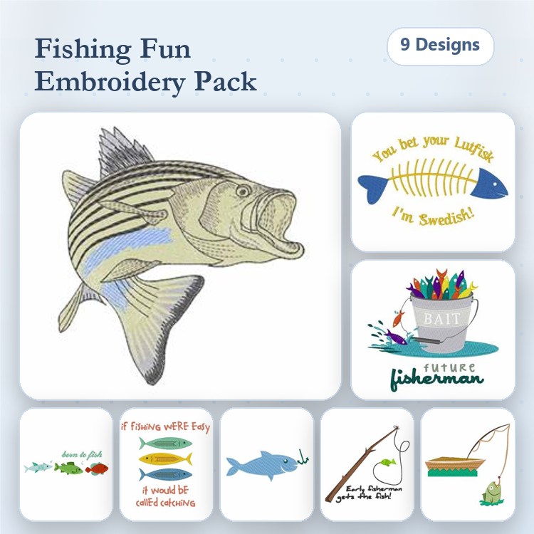 Fishing Themed Embroidery Designs Bundle – Striped Bass, You Bet Your Lure, Fishing Quotes & More (9 Designs)