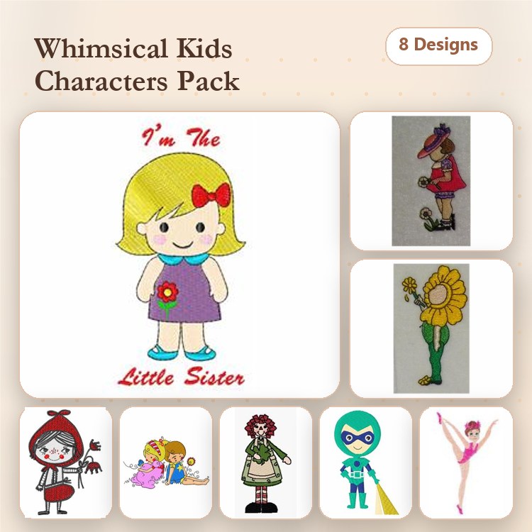 Whimsical Kids Characters Embroidery Designs Bundle – Little Sister, Flower Girl, Red Riding Hood & More (8 Designs)