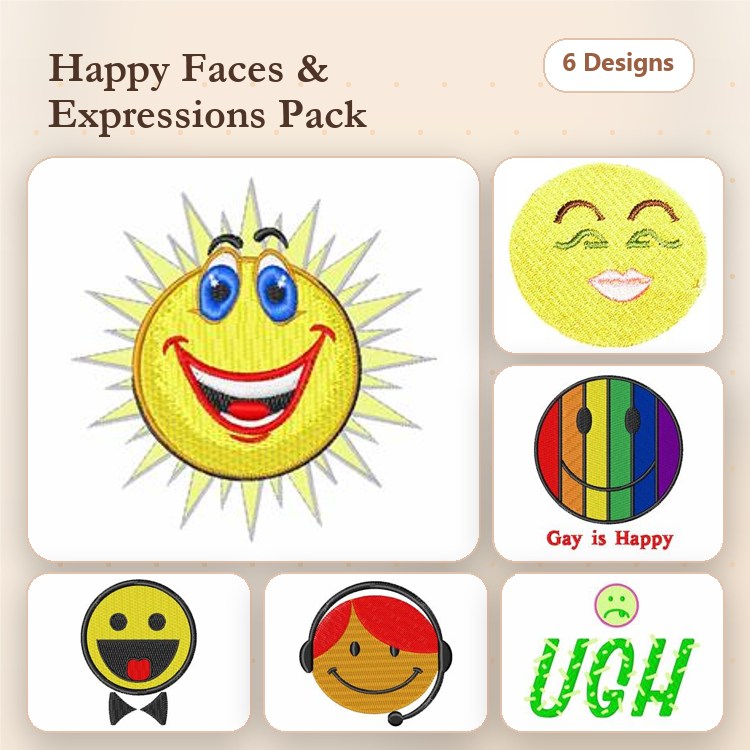 Happy Faces Embroidery Designs Bundle – Smiling Sun, Happy Face, Smiley Face with Bowtie & More (6 Designs)