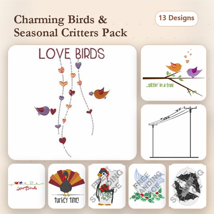 Birds and Seasonal Themes Embroidery Designs Bundle – Love Birds, Turkey Time, Free Bird & More (13 Designs)