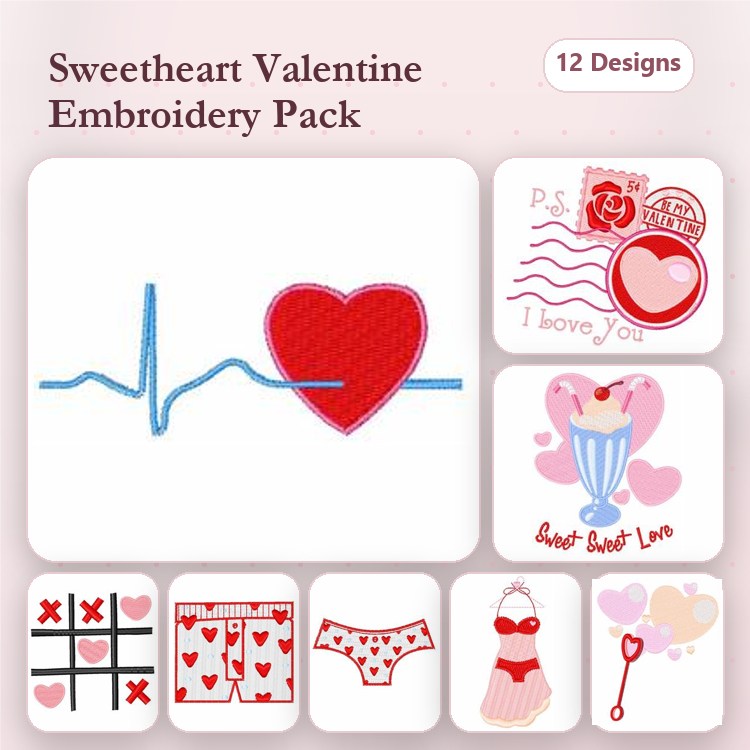 Valentine's Day Embroidery Designs Bundle – Heartbeat with Heart, Love Letter Stamp, Cupcake with Hearts & More (12 Designs)