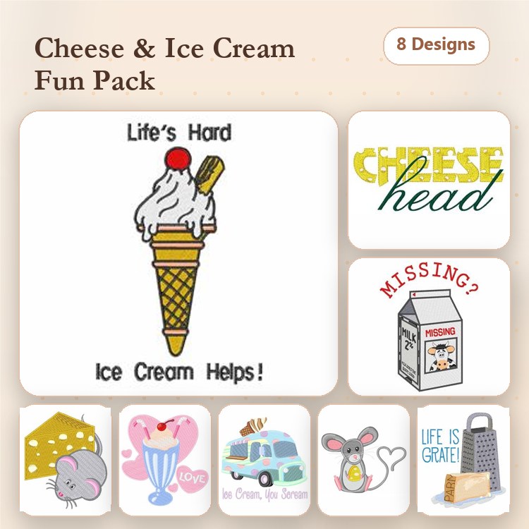 Cheese & Ice Cream Embroidery Designs Bundle – Ice Cream Cone with Cherry, Cheese Head, Milk Cartoon & More (8 Designs)