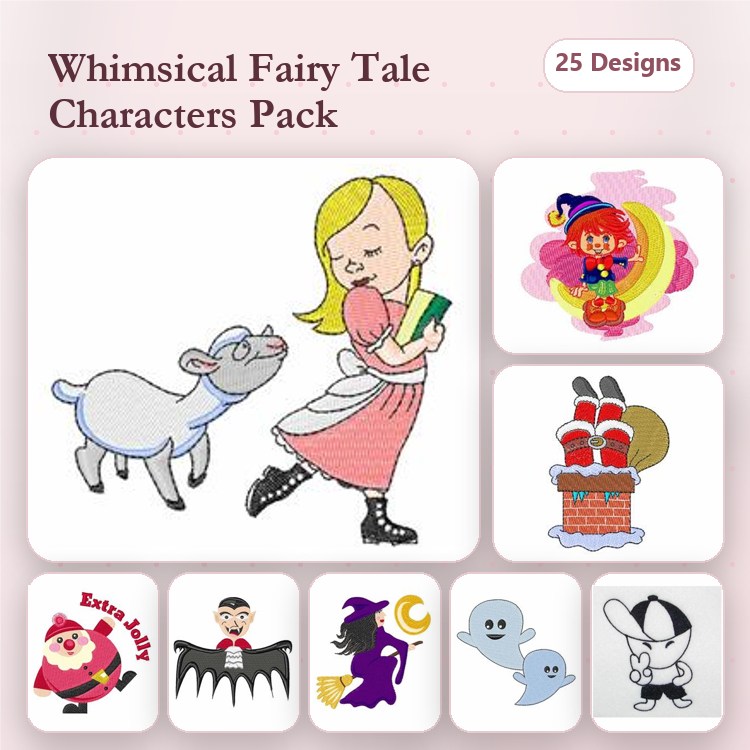 Fairy Tale Characters Embroidery Designs Bundle – Girl with Book & Goat, Colorful Rainbow, Santa Claus & More (25 Designs)