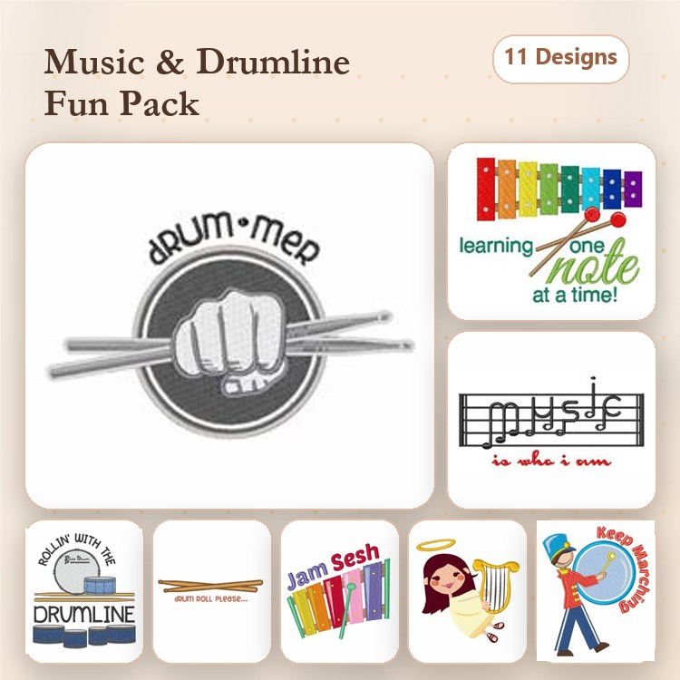 Music & Drumming Embroidery Designs Bundle – Drummer, Drumline, Jam Sesh & More (11 Designs)
