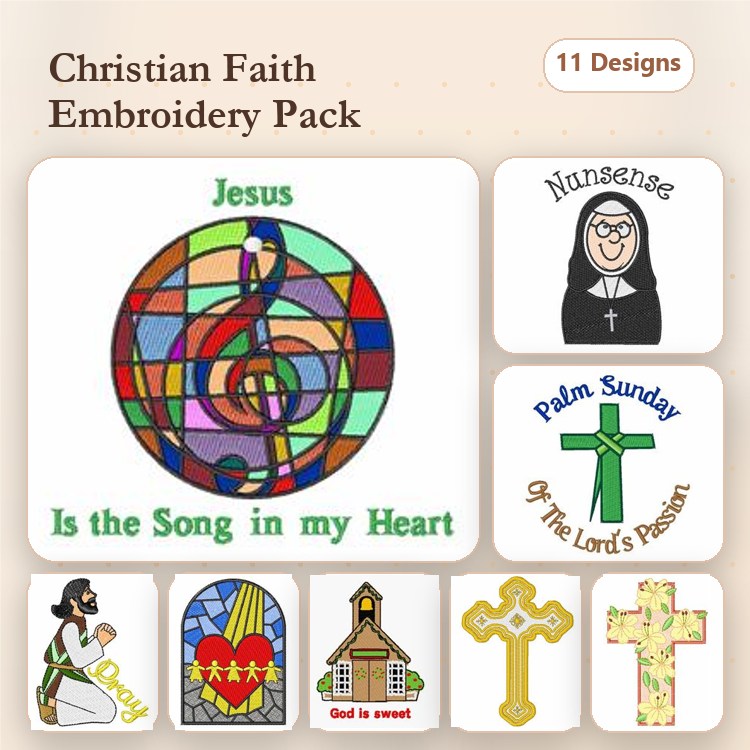 Christian Faith Embroidery Designs Bundle – Jesus Is the Song in My Heart, Cross with Flowers, Stained Glass Church & More (11 Designs)