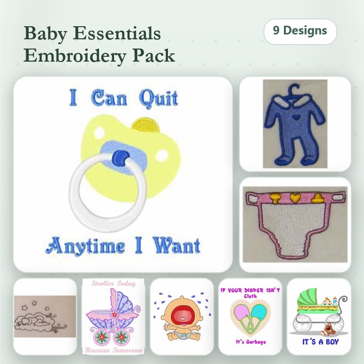 Baby Essentials Embroidery Designs Bundle – Pacifier, Onesie, Diaper, Baby Carriage & More (9 Designs)