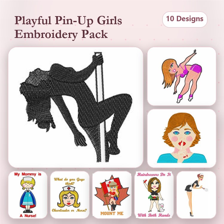 Playful Pin-Up Girls Embroidery Designs Bundle – Pole Dancer, Sailor Girl, Belly Dancer & More (10 Designs)