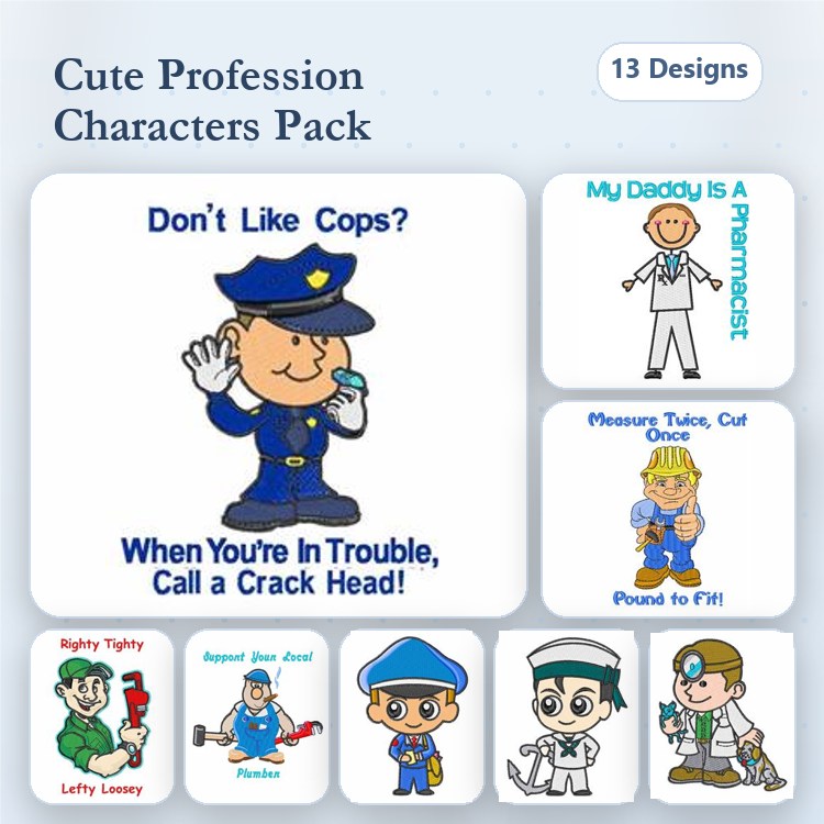 Cute Profession Characters Embroidery Designs Bundle – Police Officer, Pharmacist, Firefighter & More (13 Designs)