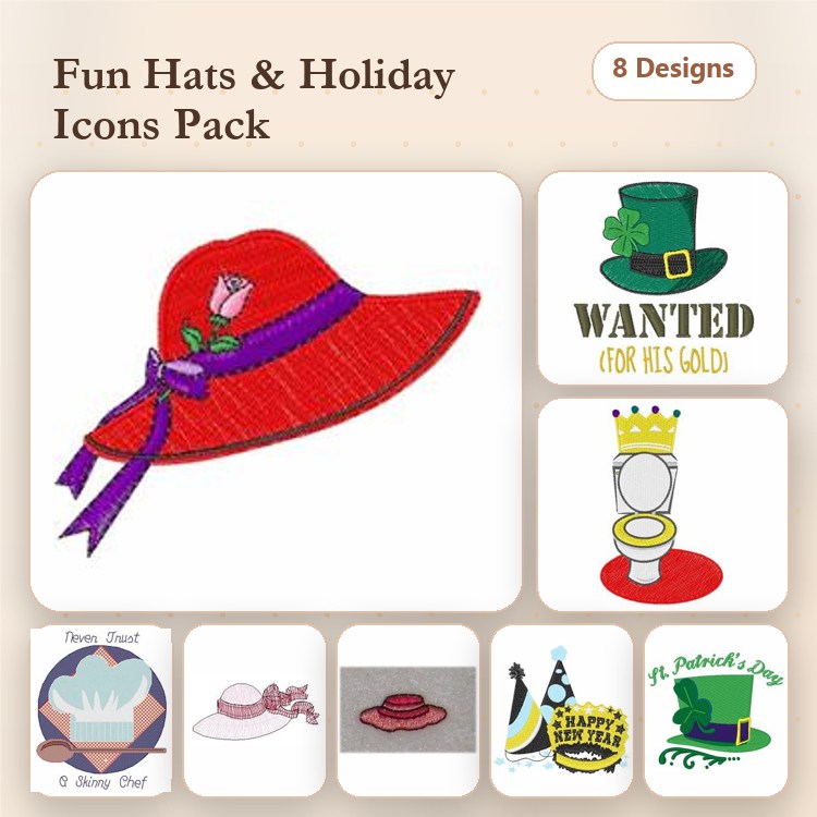 Hats & Holiday Icons Embroidery Designs Bundle – Red Hat with Rose, Green Shamrock Hat, Crown with Jewels & More (8 Designs)
