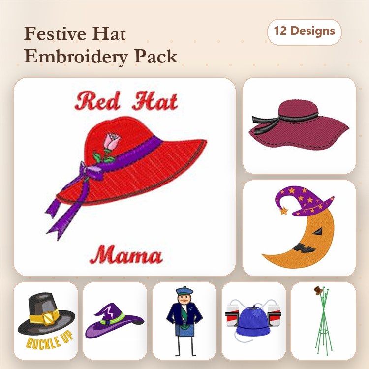 Festive Hats Embroidery Designs Bundle – Red Hat with Rose, Moon Hat, Black Hat with Buckle & More (12 Designs)