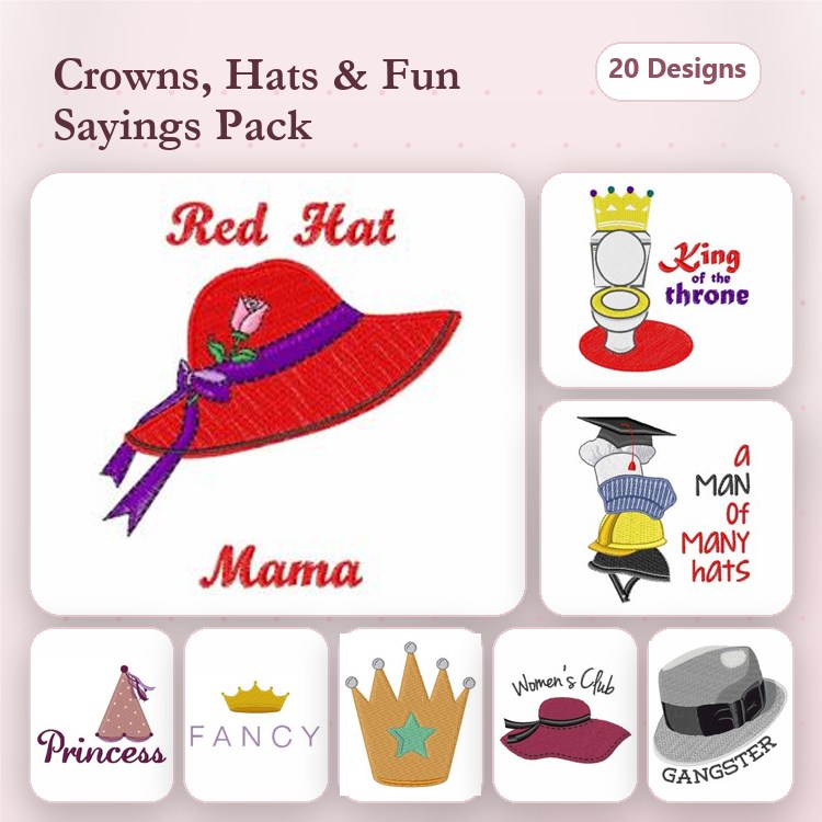 Hats & Sayings Embroidery Designs Bundle – Red Hat Mama, King of the Throne, Gangster Hat & More (20 Designs)