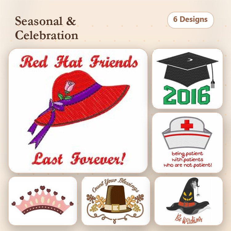 Celebration Embroidery Designs Bundle – Red Hat Friends, Graduation Cap, Nurse, Crown & More (6 Designs)