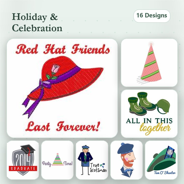 Celebration Embroidery Designs Bundle – Red Hat Friends, Celebration Hat, Festive Tree & More (16 Designs)