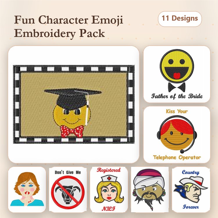 Emoji Characters Embroidery Designs Bundle – Graduation Emoji, Father of the Bride Emoji, Telephone Operator Emoji & More (11 Designs)