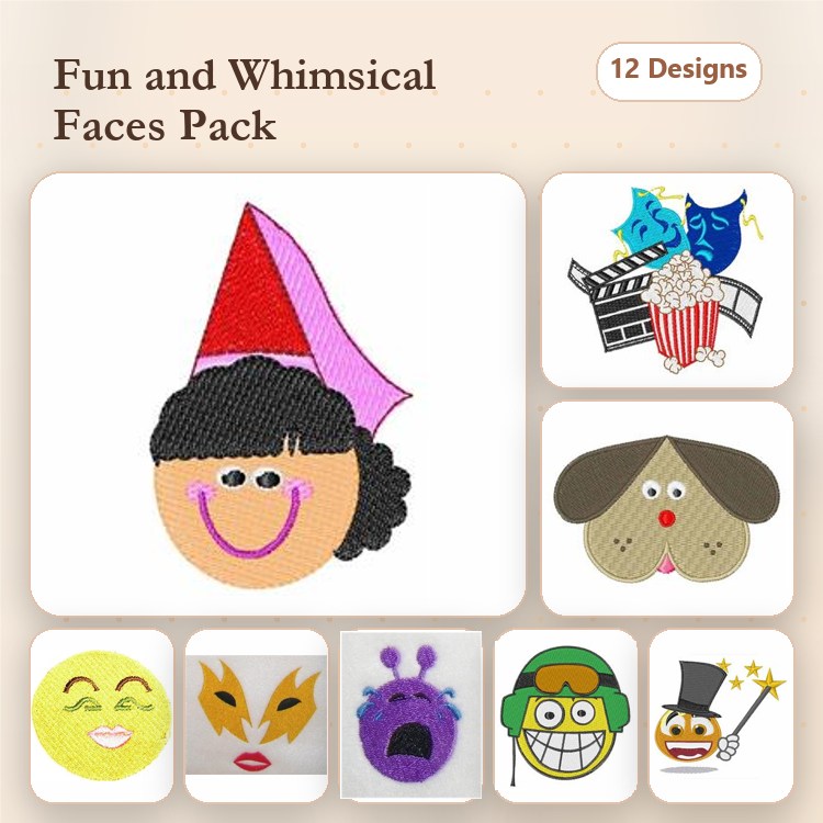 Whimsical Faces Embroidery Designs Bundle – Girl with Party Hat, Dog Face, Happy & More (12 Designs)