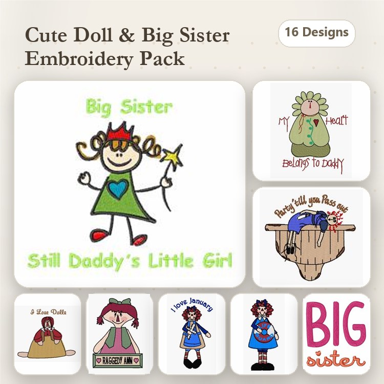 Big Sister & Cute Dolls Embroidery Designs Bundle – Big Sister with Wand, Doll with Pink Dress, & More (16 Designs)