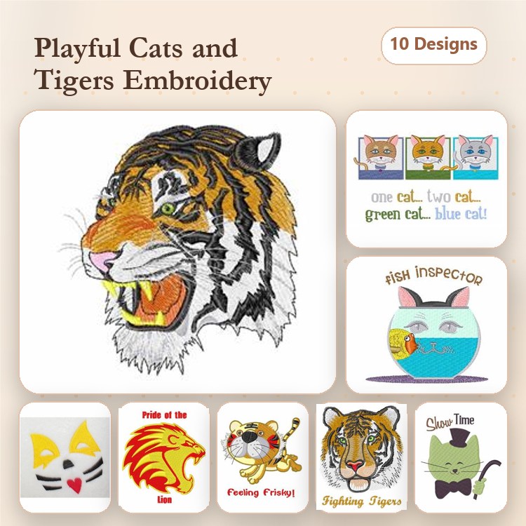 Playful Cats & Tigers Embroidery Designs Bundle – Tiger Head, Playful Cat, Lion Face & More (10 Designs)
