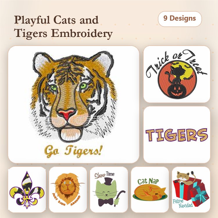 Cats & Tigers Embroidery Designs Bundle – Tiger Face, Trick or Treat Pumpkin, Happy Cat with Hat & More (9 Designs)