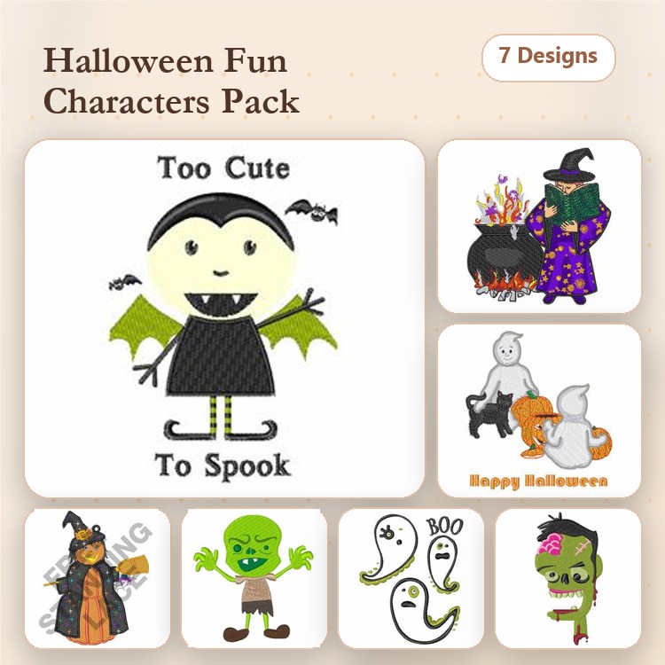 Halloween Characters Embroidery Designs Bundle – Vampire, Witch with Cauldron, Frankenstein & More (7 Designs)