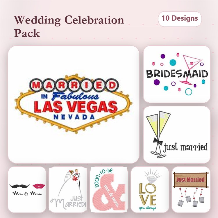 Wedding Celebration Embroidery Designs Bundle – Las Vegas Wedding Sign, Just Married, Bride to Be & More (10 Designs)