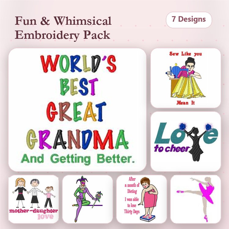 Fun Phrases & Characters Embroidery Designs Bundle – World's Best Great Grandma, Sew Like You Mean It, & More (7 Designs)