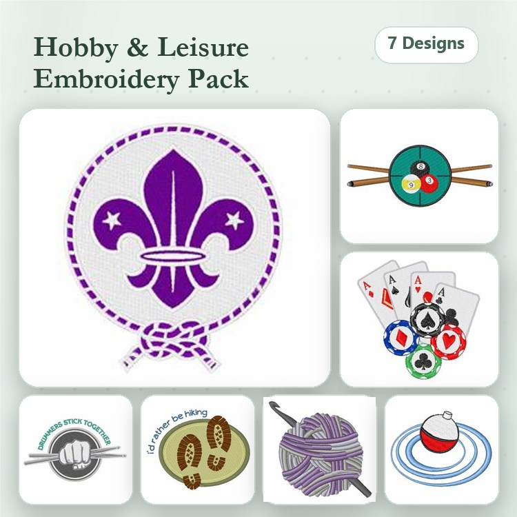Hobby and Leisure Embroidery Designs Bundle – Fleur-de-Lis Emblem, Pool Balls, Playing Cards & More (7 Designs)
