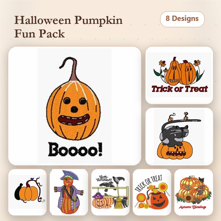 Halloween Pumpkin Embroidery Designs Bundle – Smiling Pumpkin, Scary Pumpkin Face, Black Cat with Pumpkin & More (8 Designs)