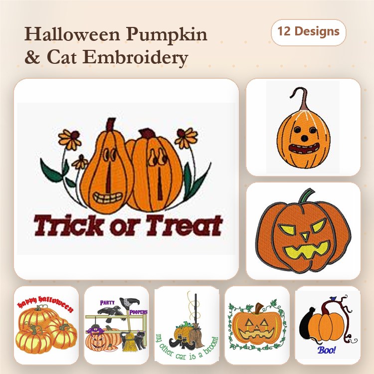 Halloween Pumpkins & Cats Embroidery Designs Bundle – Trick or Treat Text, Halloween Pumpkin with Face, Jack-o'-Lantern & More (12 Designs)