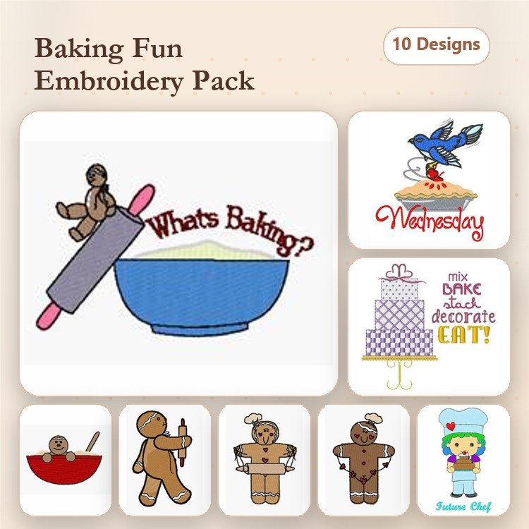 Baking Themed Embroidery Designs Bundle – Gingerbread Man, Whimsical Bluebird, Baking Tools & More (10 Designs)