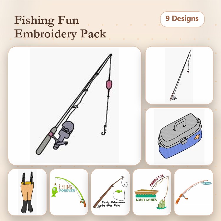 Fishing Themed Embroidery Designs Bundle – Fishing Rod, Reel, Tackle Box & More (9 Designs)